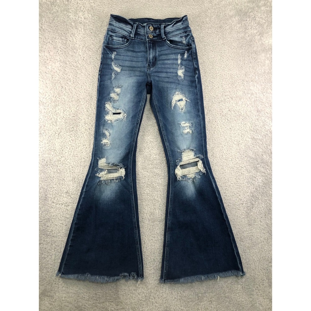 KanCan Jeans Women 23x29 (Tag 24) Blue High Rise Super Flare Distressed